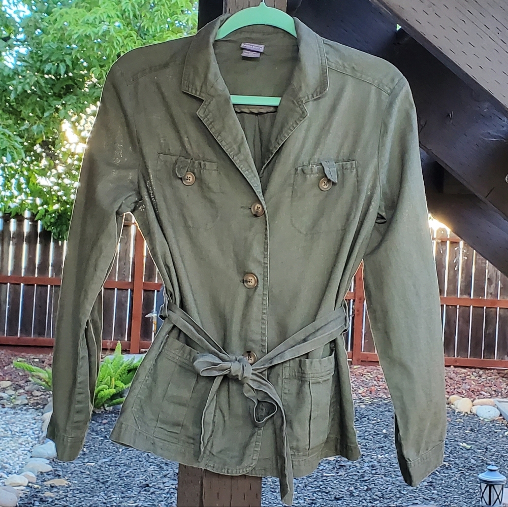 EUC - Laura Scott | Green Linen Button and Tie Jacket Size Petite Small